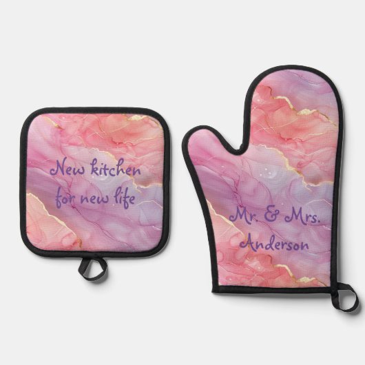 Schönes Marmorrosa und Lila moderner Spaß Ofenhandschuh & Topflappen-Set (Vorderseite)