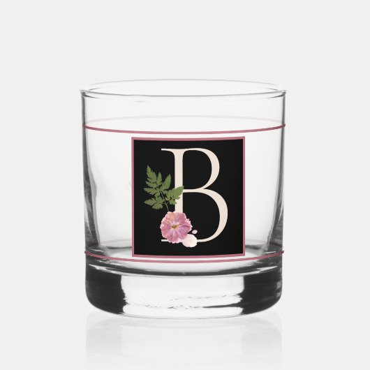 Schönes Mauve Floral Decorated Black Monogram B Whiskyglas (Vorderseite)