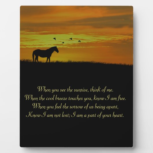 Schönes Memorial Gedicht mit Pferd im Sonnenunterg Fotoplatte (Vorderseite)