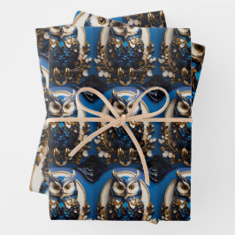 Schönes, minimalistisches blaues Owl Geschenkpapier Set
