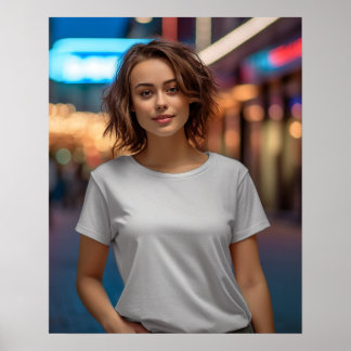 Schönes Modell mit weißem Gildan-T - Shirt Poster