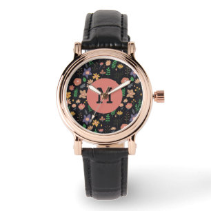 Schönes modernes dunkles Blumenmuster Monogramm Armbanduhr