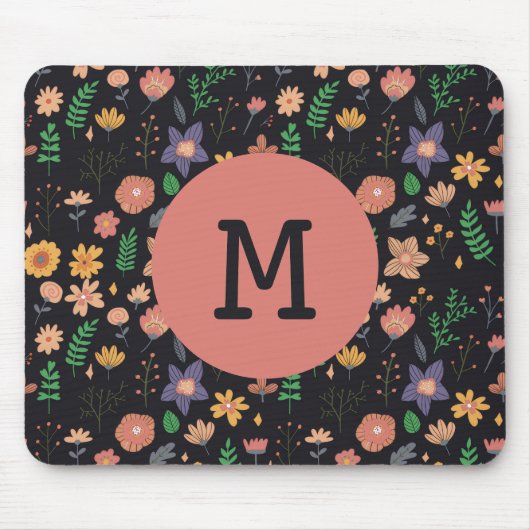 Schönes modernes dunkles Blumenmuster Monogramm Mousepad (Vorne)