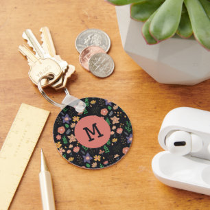 Schönes modernes dunkles Blumenmuster Monogramm Schlüsselanhänger