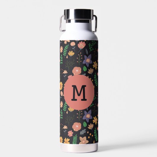Schönes modernes dunkles Blumenmuster Monogramm Trinkflasche (Vorne)