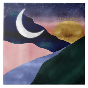 Schönes Mountain River Moon Sunset Design Fliese