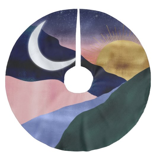 Schönes Mountain River Moon Sunset Design Polyester Weihnachtsbaumdecke (Vorderseite)