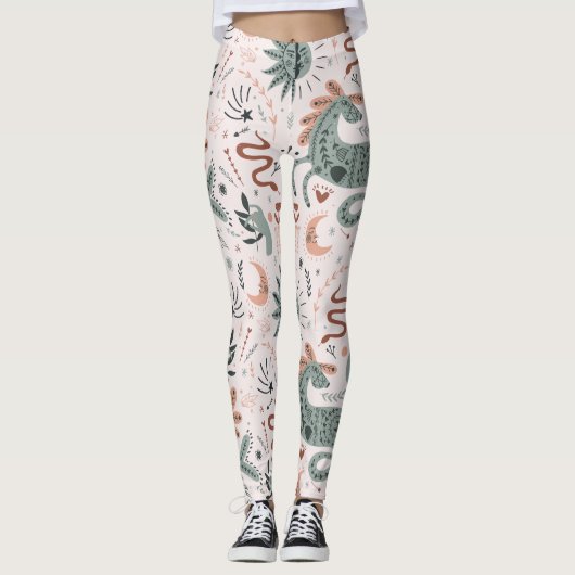 Schönes Muster in rosa und grünem Mond Leggings (Vorderseite)