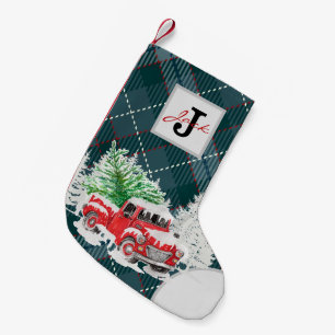 Schönes Muster monogrammierter roter LKW blau kari Kleiner Weihnachtsstrumpf