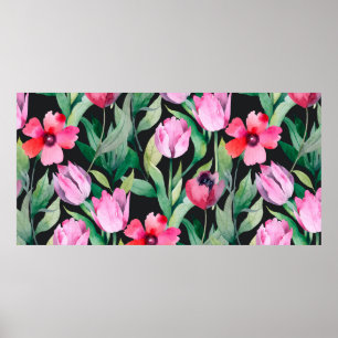 Schönes, nahtloses Blumenmuster mit Aquarell Poster