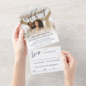 Schönes Navy Blue Script Foto Hochzeit All In One Einladung (Abreißen)