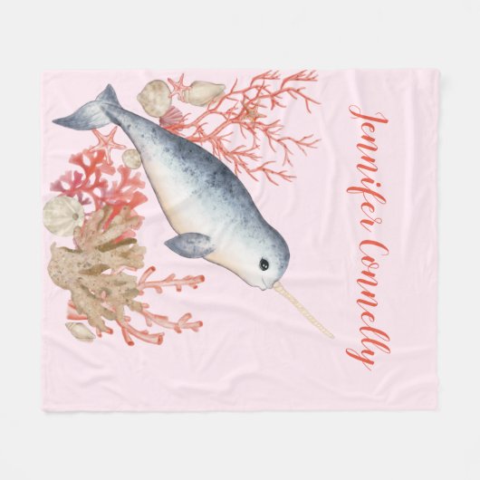 Schönes niedliches Ozeanbaby Narwhal & Seashells Fleecedecke (Vorderseite (Horizontal))