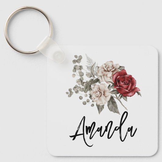Schönes Off-White & Rote Rosen Blumenstrauß Schlüsselanhänger (Vorderseite)