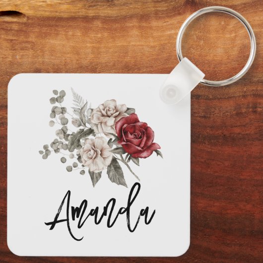 Schönes Off-White & Rote Rosen Blumenstrauß Schlüsselanhänger (Rückseite)