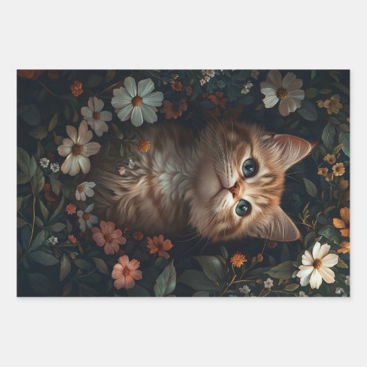 Schönes Orange Kitten mit Wildblumen Decoupage Geschenkpapier Set (Vorderseite)