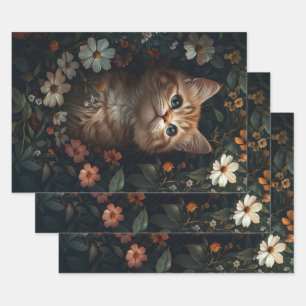 Schönes Orange Kitten mit Wildblumen Decoupage Geschenkpapier Set