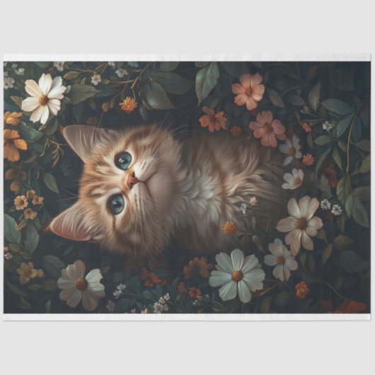 Schönes Orange Kitten mit Wildblumen Decoupage Seidenpapier (Vorderseite)