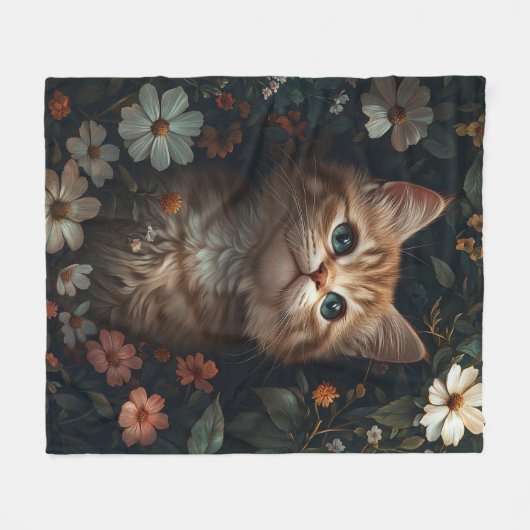 Schönes Orange Kitten mit Wildblumen Fleecedecke (Vorderseite (Horizontal))