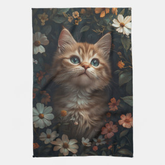 Schönes Orange Kitten mit Wildblumen Geschirrtuch