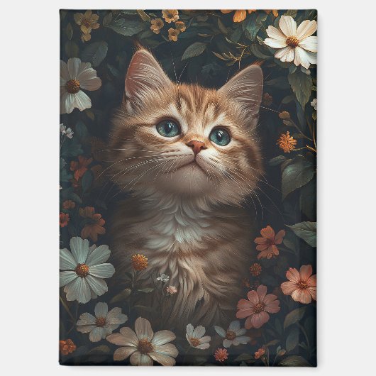 Schönes Orange Kitten mit Wildblumen Magnet (Vorderseite)