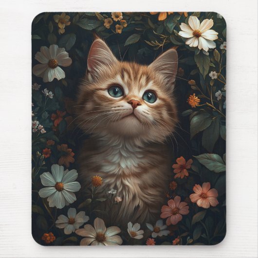 Schönes Orange Kitten mit Wildblumen Mousepad (Vorne)