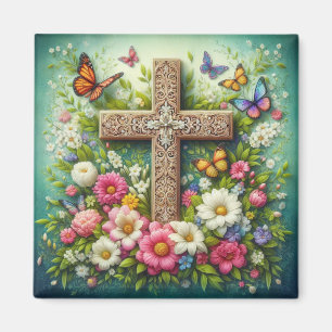 Schönes Osterblumenkreuz mit Schmetterlingen Magnet