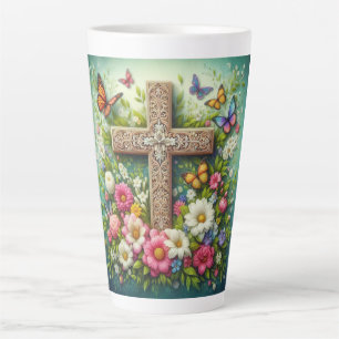 Schönes Osterblumenkreuz mit Schmetterlingen Milchtasse