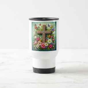 Schönes Osterblumenkreuz mit Schmetterlingen Reisebecher