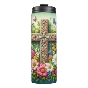 Schönes Osterblumenkreuz mit Schmetterlingen Thermosbecher
