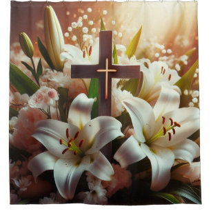 Schönes Osterlilienkreuz Duschvorhang
