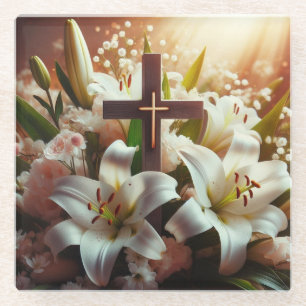 Schönes Osterlilienkreuz Glasuntersetzer