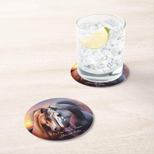 Schönes Paar Pferde für immer Jubiläum Runder Pappuntersetzer (Vor Ort)