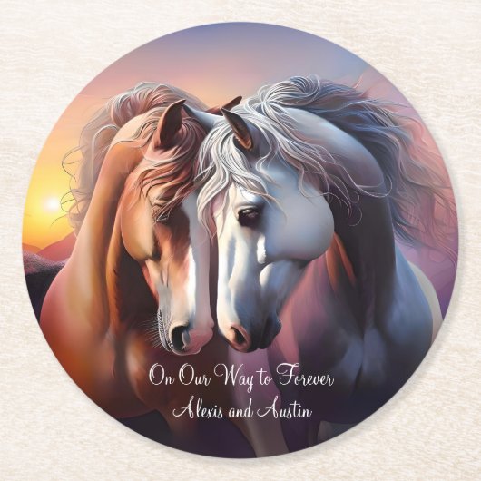 Schönes Paar Pferde für immer Jubiläum Runder Pappuntersetzer (Vorderseite)