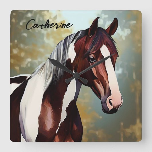 Schönes Paint Horse Quadratische Wanduhr (Vorderseite)