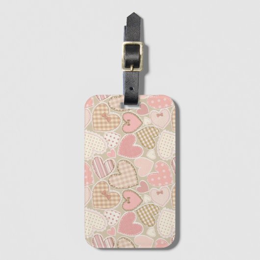 Schönes Patchwork Quilt Muster Pink Hearts Bows Gepäckanhänger (Vorderseite Vertikal)