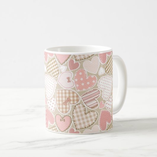 Schönes Patchwork Quilt Muster Pink Hearts Bows Kaffeetasse (VorderseiteRechts)