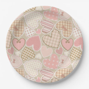 Schönes Patchwork Quilt Muster Pink Hearts Bows Pappteller