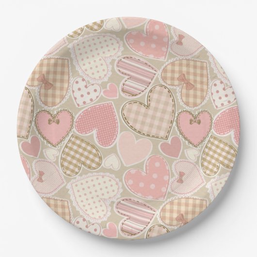 Schönes Patchwork Quilt Muster Pink Hearts Bows Pappteller (Vorderseite)