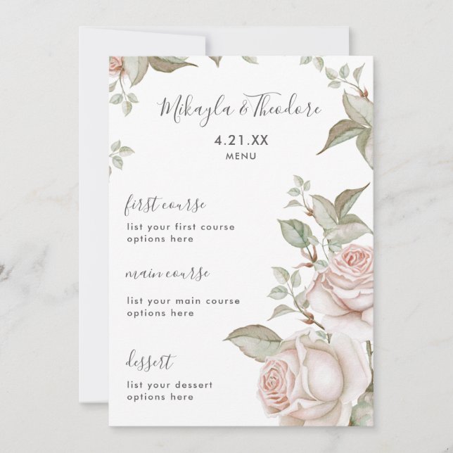Schönes Peach Blush Rose Hochzeitsmenü (Vorderseite)
