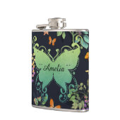 Schönes personalisiertes dunkles Blumen-Schmetterl Flachmann (Links)