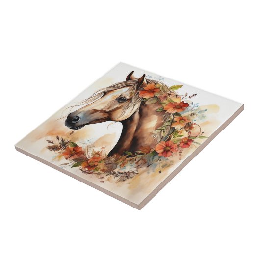 Schönes Pferd mit Hübschen Blume Wasserfarbe Fliese (Seite)