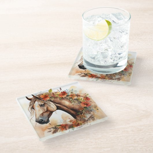 Schönes Pferd mit Hübschen Blume Wasserfarbe Glasuntersetzer (Schrägansicht)
