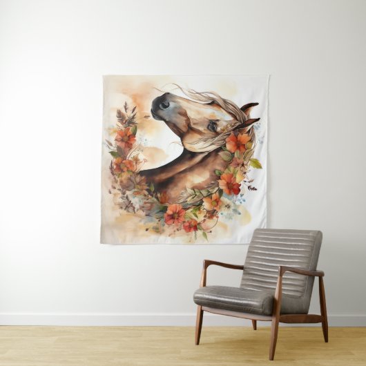 Schönes Pferd mit Hübschen Blume Wasserfarbe Wandteppich (Beispiel (Horizontal))