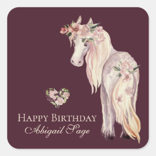 Schönes Pferd und Blumen Vintage-Pony-Geburtstag Quadratischer Aufkleber