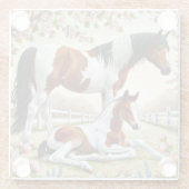 Schönes Pferd und Foal im blühenden Obstgarten Glasuntersetzer (Rückseite)