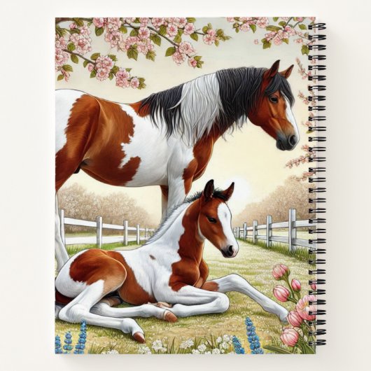 Schönes Pferd und Foal im blühenden Obstgarten Notizblock (Rückseite)