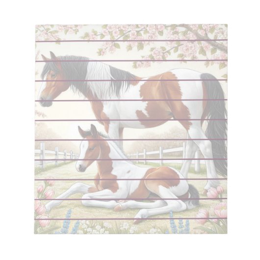 Schönes Pferd und Foal im blühenden Obstgarten Notizblock (Vorderseite)
