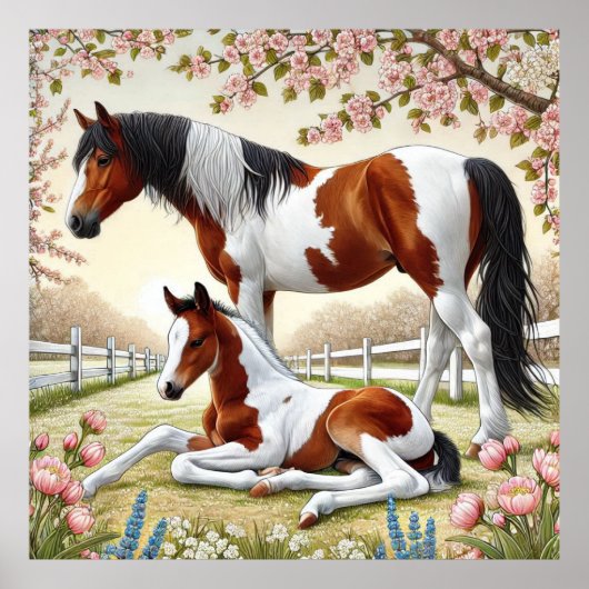 Schönes Pferd und Foal im blühenden Obstgarten Poster (Vorne)