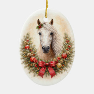 Schönes Pferd und Kranz Weihnachtsfeiertag Keramik Ornament