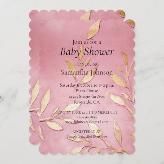 Schönes Pink Glam Gold Blätter Kinderdusche Einladung (Vorne/Hinten)